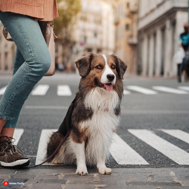 Firefly cane seduto sul marciapiede di fronte alle strisce pedonali. si vedono anche le gambe della 1