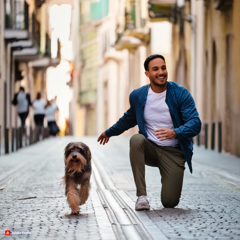 Firefly cane che corre da sinistra a destra e il suo proprietario felice abbassato sulle ginocchia 3