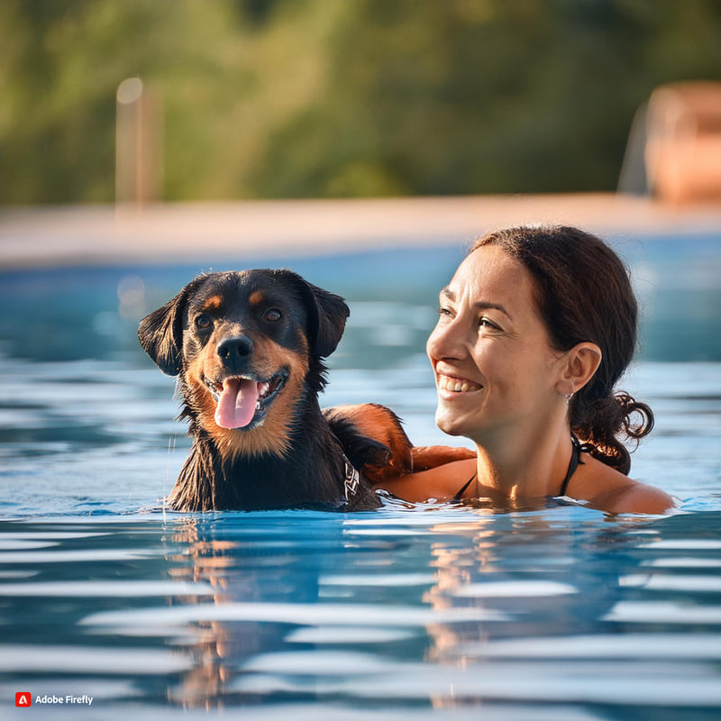 Firefly cane e proprietario che nuotano in una piscina 89712