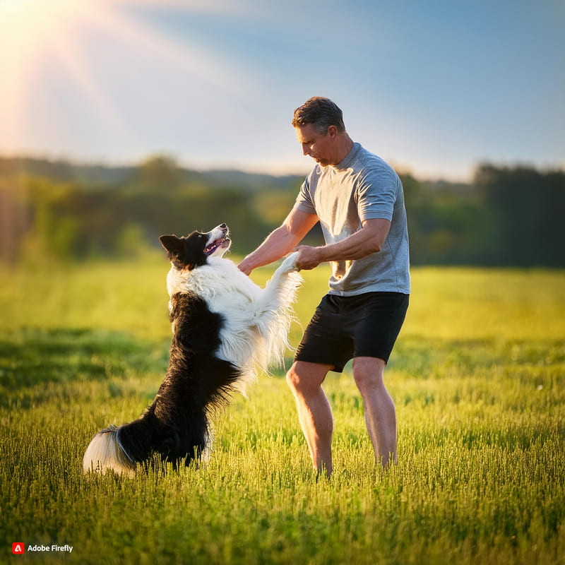 Firefly border collie in un campo verde con un uomo che fanno esercizi di addestramento 28357