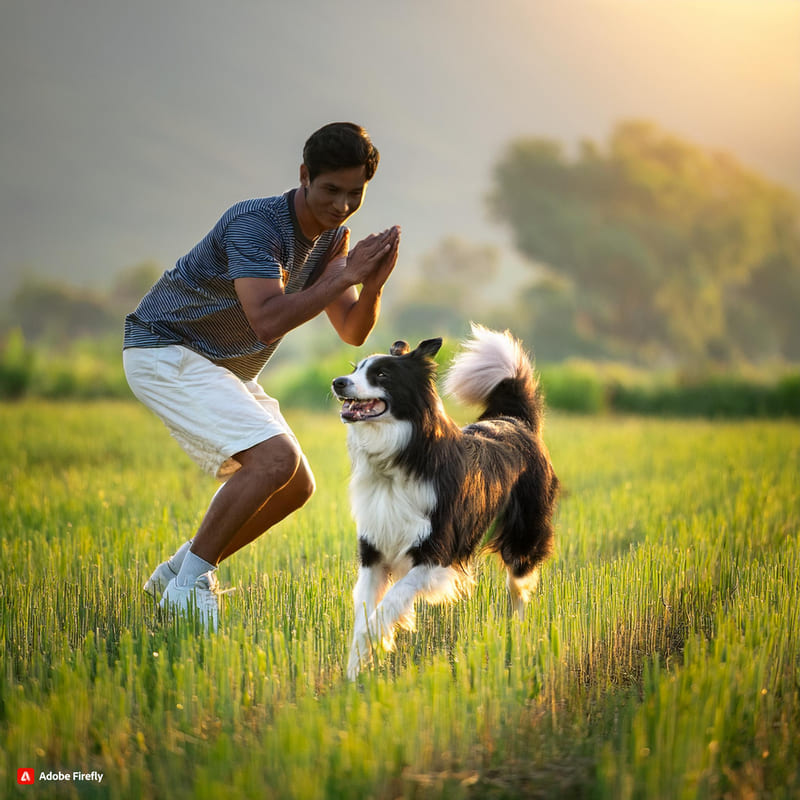 Firefly border collie in un campo verde con un uomo che fanno esercizi di addestramento 47388