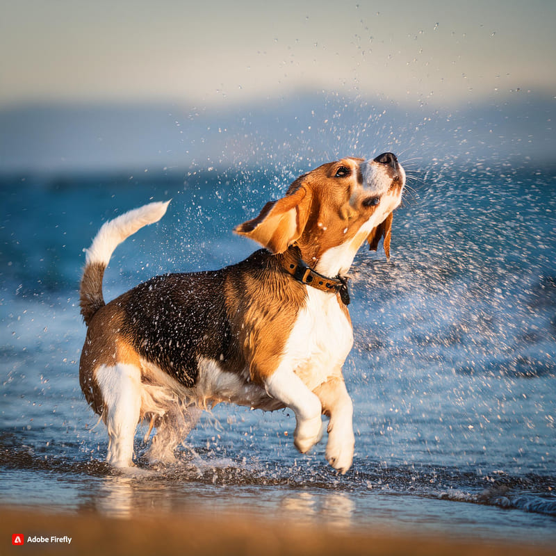 Firefly cane beagle che si scotola l'acqua di dosso con lo sfondo del mare 10157