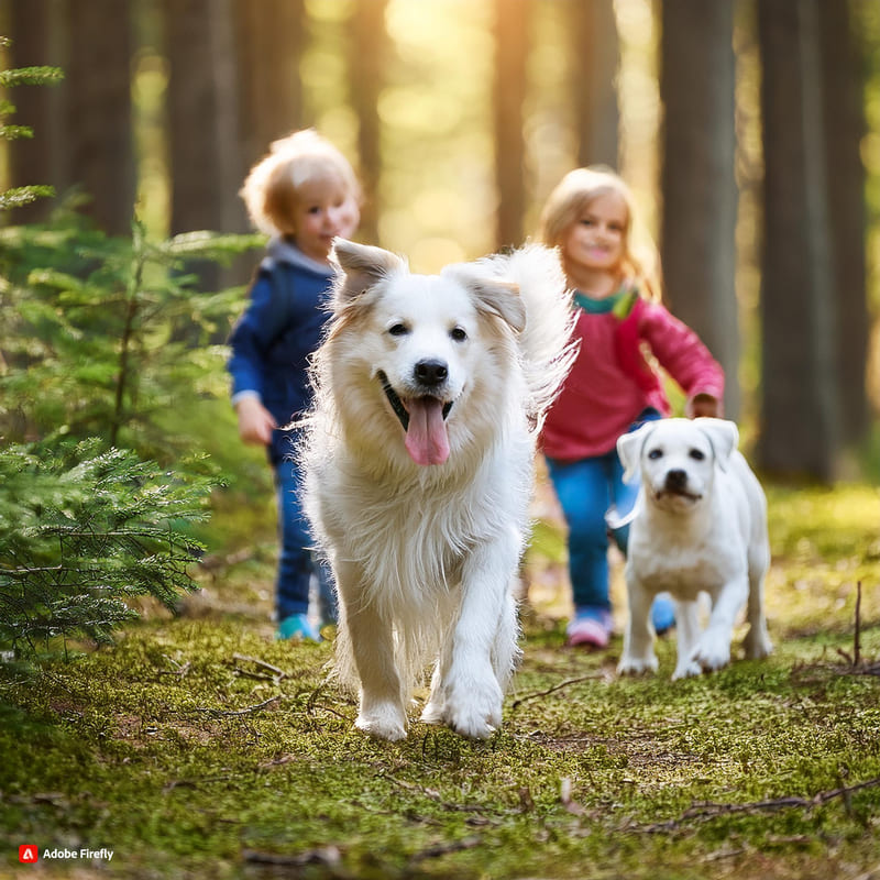 Firefly cane che gioca in un bosco con dei bambini 28357