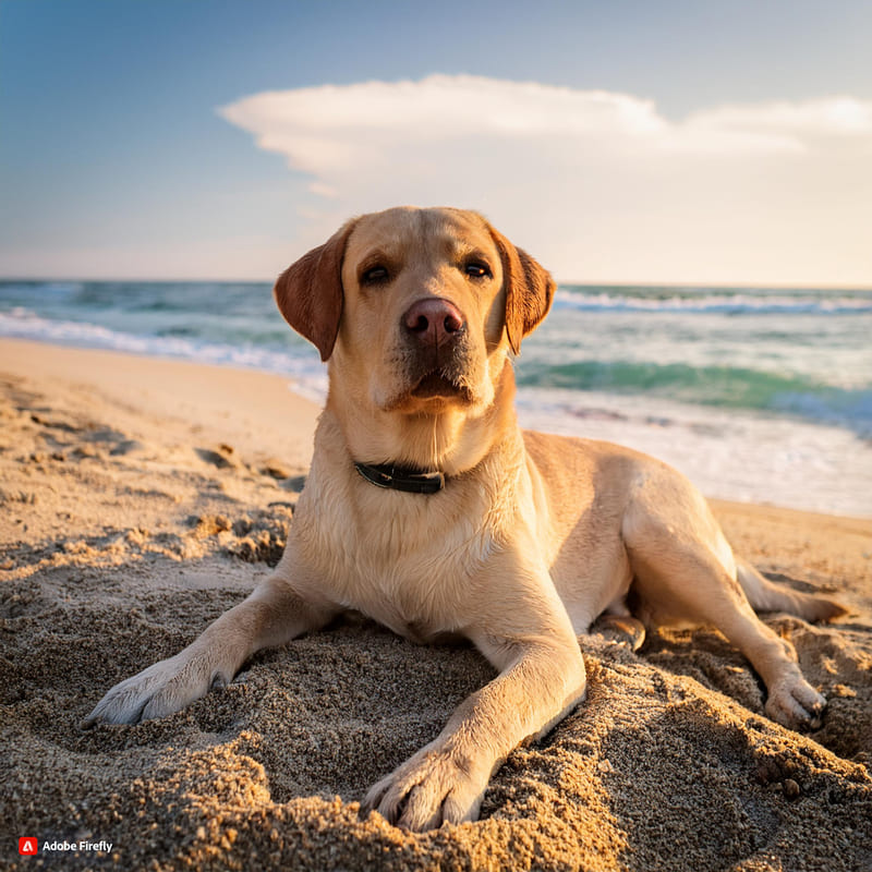 Firefly cane labrador sdraiato sulla sabbia con lo sfondo del mare 10157