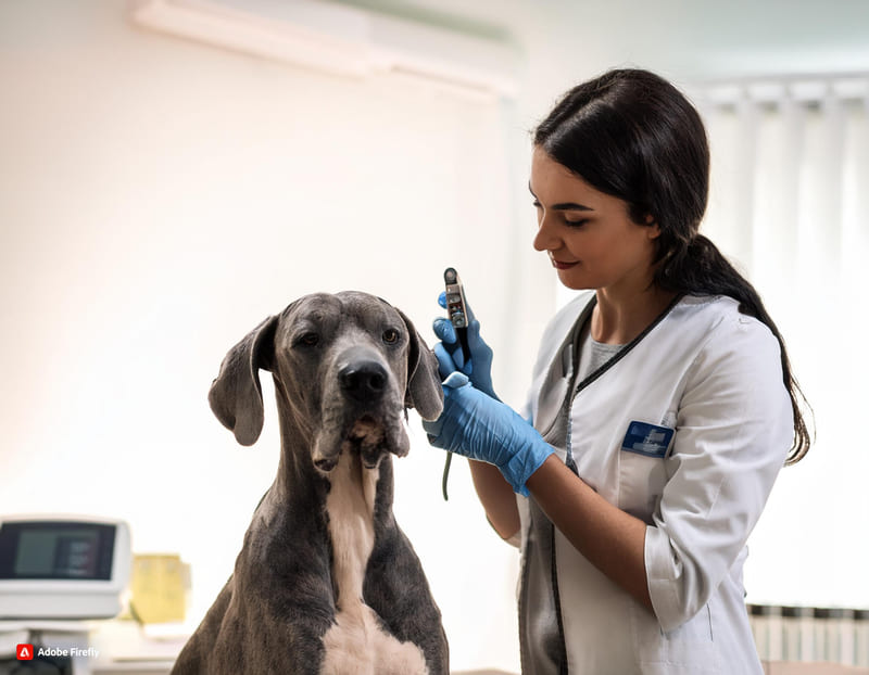 Firefly veterinario donna che inserisce il microchip a un alano 17372