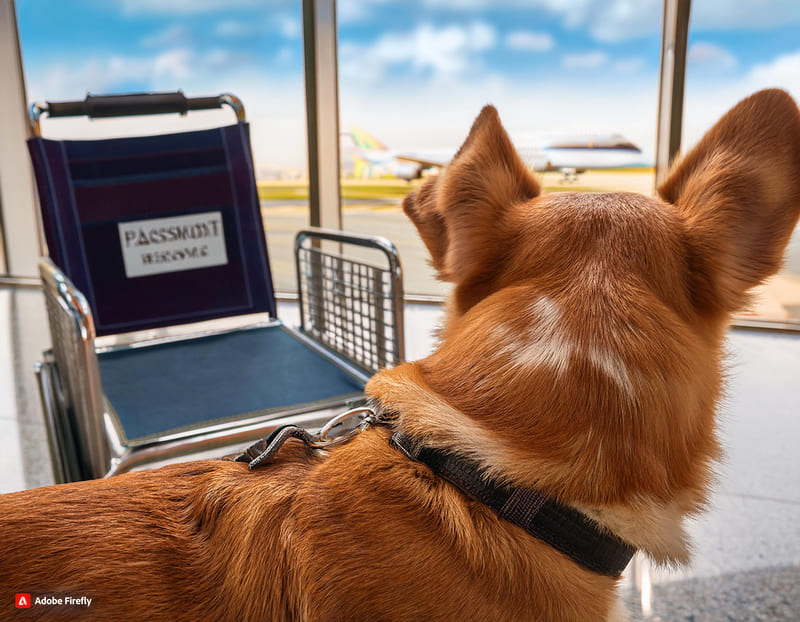 Firefly cane in aeroporto con un trolley vicino, si vedono in background sfocati dei documenti simil (2)