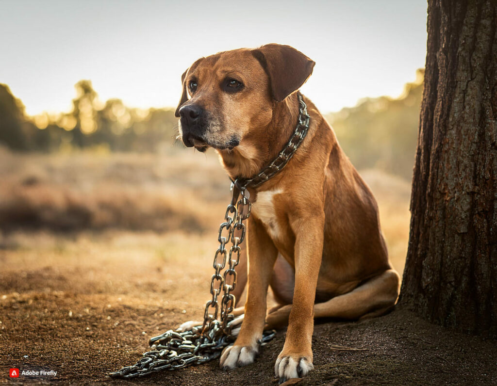 Firefly cane triste con la catena al collo legato a un albero 66983