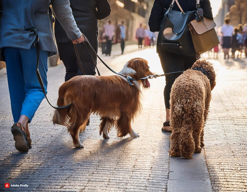 Firefly cani che passeggiano in un area urbana, tutti al guinzaglio con i proprietari, l'immagine è