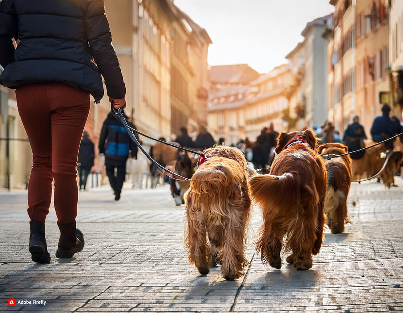 Firefly cani che passeggiano in un area urbana, tutti al guinzaglio con i proprietari, l'immagine è (3)