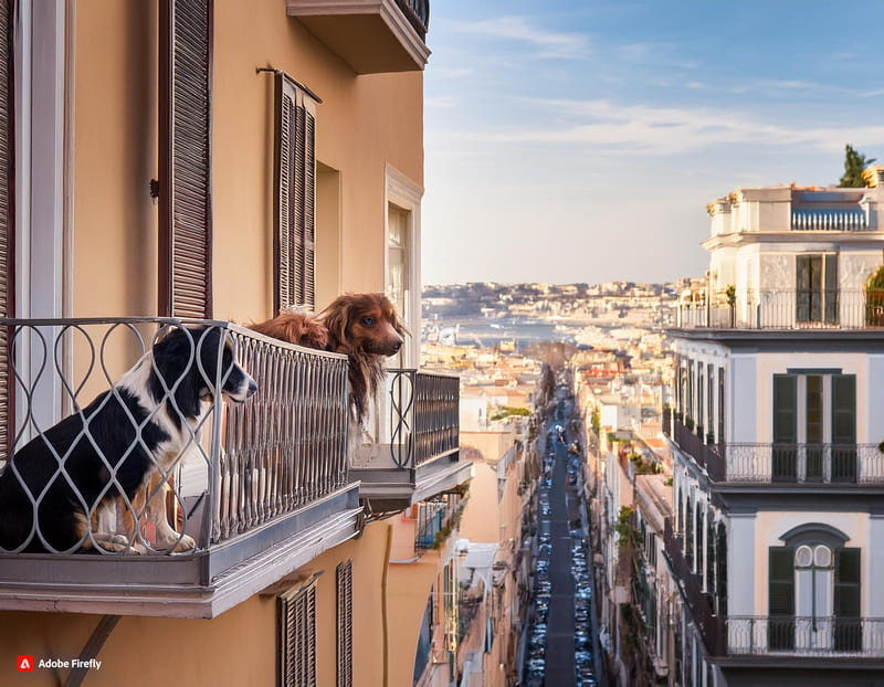 Firefly due cani affacciati dal balcone di un palazzo, altre persone si vedono su balconi di altri p (1)