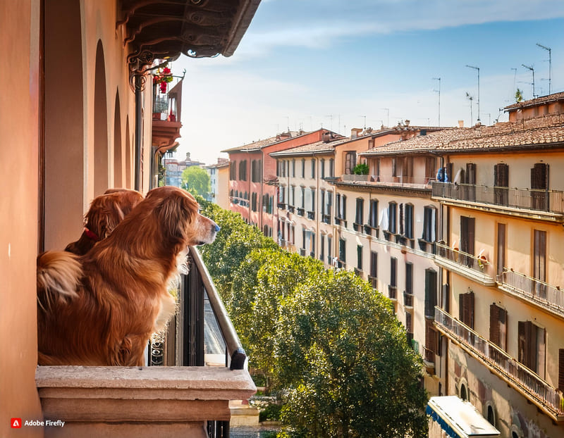 Firefly due cani affacciati dal balcone di un palazzo, altre persone si vedono su balconi di altri p (3)