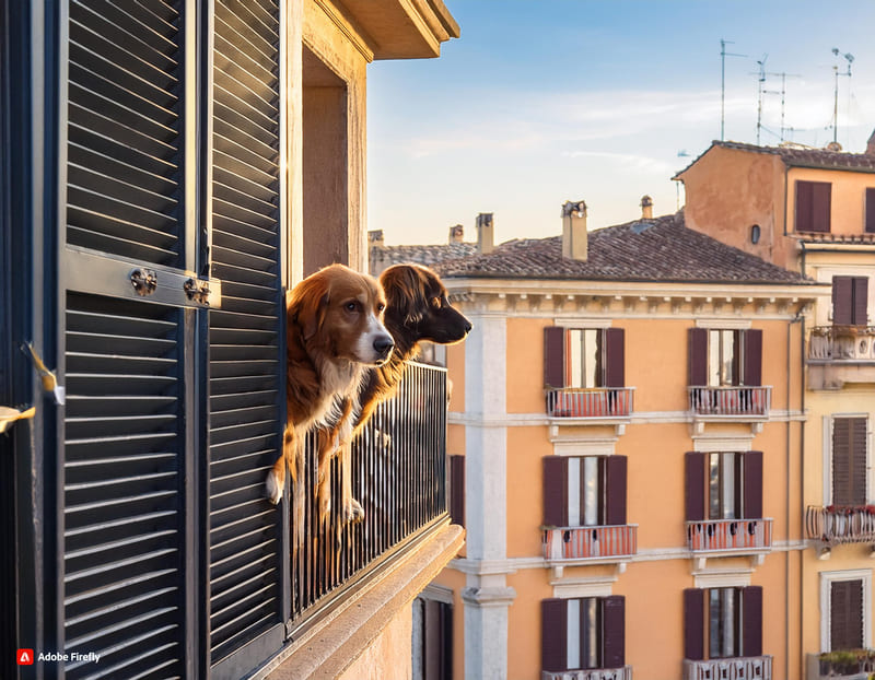 Firefly due cani affacciati dal balcone di un palazzo, altre persone si vedono su balconi di altri p