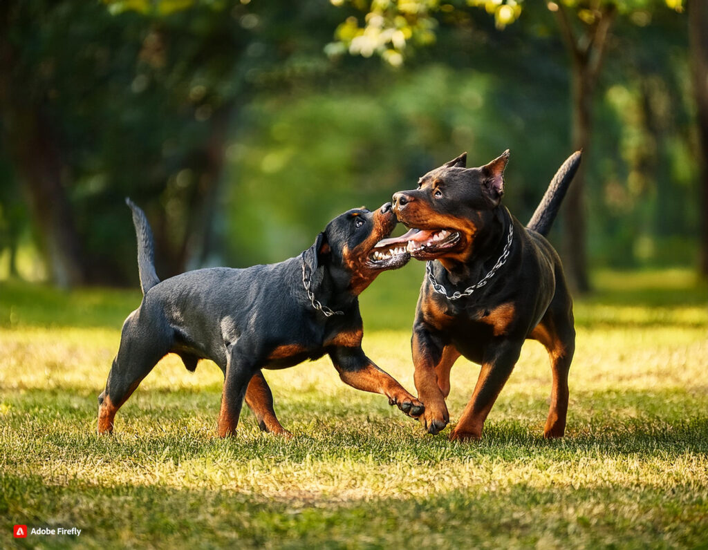 Firefly in un parco un rottweiler, un pit bull e un dobermann che giocano 23392