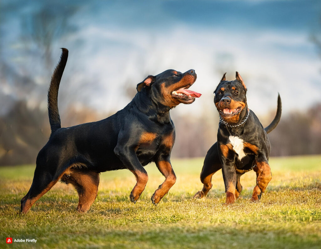 Firefly in un parco un rottweiler, un pit bull e un dobermann che giocano 32927