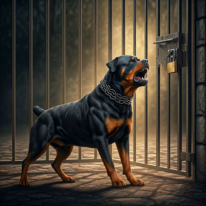 rottweiler che fa la guardia dietro il cancello