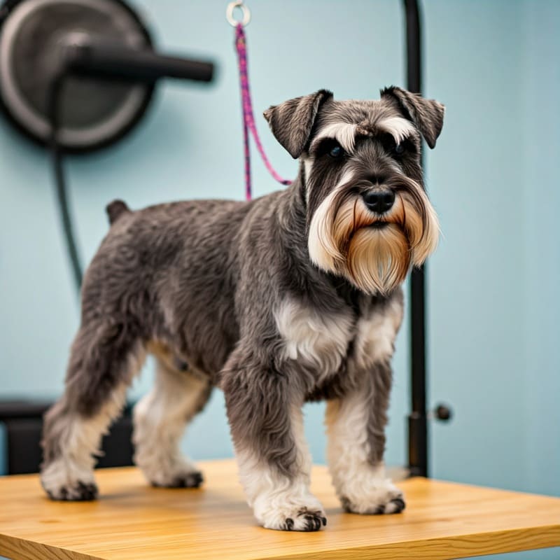 schnauzer su tavolo da toelettatura